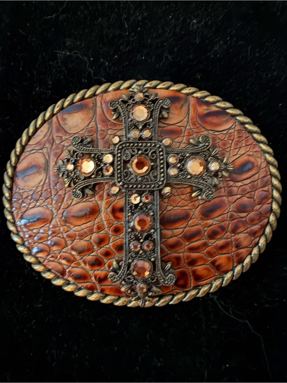 Western Belt Buckle Rhinestone Cross on Brown Crocodile